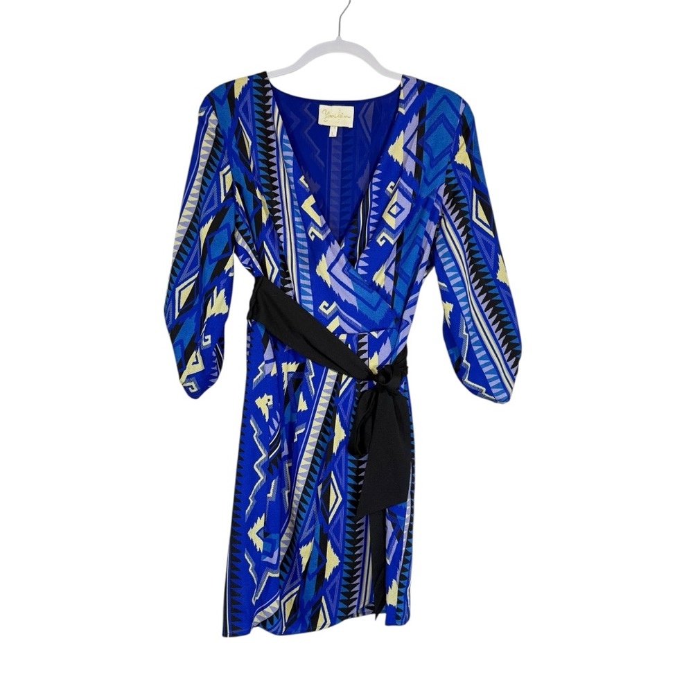Yumi Kim Blue 9 to 5 Geometric Aztec Belted Faux Wrap Dress Tulip Womens Size LG - Picture 4 of 13